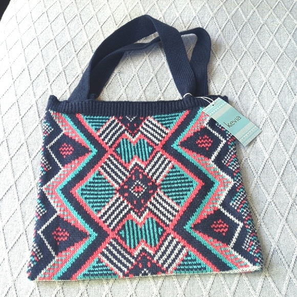Kevia Multicolor Geometric Knit‎ Square Tote Bag 14" - Picture 1 of 5